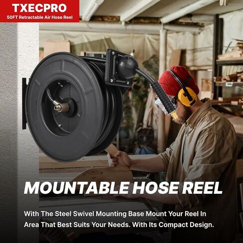 Retractable Air Hose Reel, 3/8 IN x50FT Hybrid Air Hose,Max 300 PSI, Air Compressor Hose Reel with 5 ft Lead in, Ceiling/Wall Mounted,Heavy Duty Air Tool in Kuwait