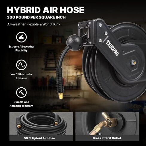 Retractable Air Hose Reel, 3/8 IN x50FT Hybrid Air Hose,Max 300 PSI, Air Compressor Hose Reel with 5 ft Lead in, Ceiling/Wall Mounted,Heavy Duty Air Tool in Kuwait