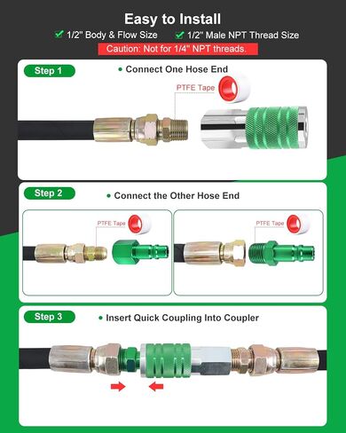 GODESON 1/2" Air Hose Fittings Set, 5-Piece Quick Connect Accessories, 2pcs 1/2" Female NPT Industrial I/M Couplers & 3pcs Plugs, 300 PSI Green Plated Heavy Duty Iron, for Pneumatic Tools, Garage in Kuwait