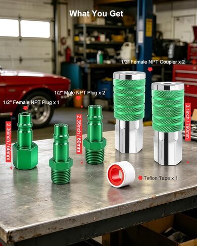 GODESON 1/2" Air Hose Fittings Set, 5-Piece Quick Connect Accessories, 2pcs 1/2" Female NPT Industrial I/M Couplers & 3pcs Plugs, 300 PSI Green Plated Heavy Duty Iron, for Pneumatic Tools, Garage in Kuwait