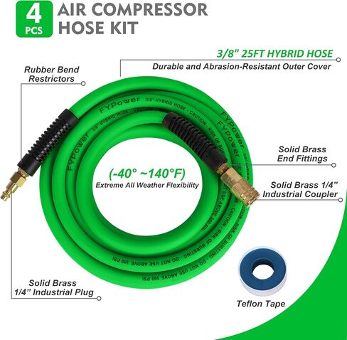 Hybrid Air Hose 3/8 in x 25 ft, Heavy Duty, Lightweight, Flexible and Kink Resistant Compressor Hose with 1/4" Industrial Solid Brass Fittings, Green in Kuwait