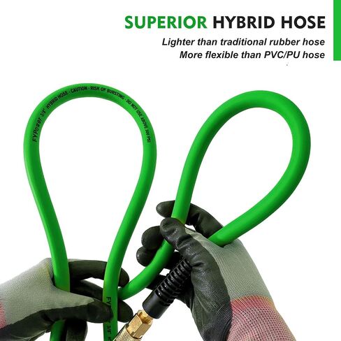 Hybrid Air Hose 3/8 in x 25 ft, Heavy Duty, Lightweight, Flexible and Kink Resistant Compressor Hose with 1/4" Industrial Solid Brass Fittings, Green in Kuwait