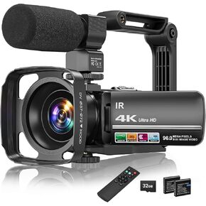 4K Video Camera Camcorder 96MP Vlogging Camera for YouTube 3.0" Touch Screen 18X Digital Zoom IR Night Vision with External Stereo Microphone,Remote,Lens Hood,Handheld Stabilizer,32G Card &2 Batteries in Saudi Arabia