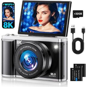 8K Digital Camera for Photography with WiFi 96MP Autofocus Vlogging Camera for YouTube Video 3.5'' 180°Flip Screen 20X Zoom Anti-Shake Compact Point and Shoot Cameras for Beginner Creator with SD Card in Kuwait
