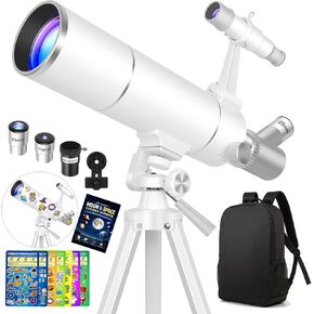 Hawkko 80500 Astronomy Telescope for Kids & Adults Beginner, STEM Kit Gift | 80mm Aperture 500mm Telescope, Portable Telescopes with Backpack, 7-themed Stickers, Moon Learning Handbook and Phone Adapter in Kuwait