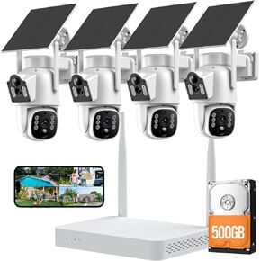 Camcamp Solar Security Cameras Wireless Outdoor, Dual-Lens Camera System | 4 Wireless Cameras 8 Views for Home Security, 10CH NVR with 500GB HDD, 360°PTZ, No Monthly Fee, 2K Color Night Vision in Kuwait
