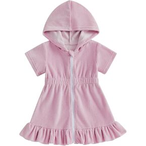 Nituyy Toddler Baby Girls Swim Cover Up Terry Cloth Hooded Ruffled Bathing Suit Cover Up Zipper Elastic Waist Beach Cover-Up in Kuwait