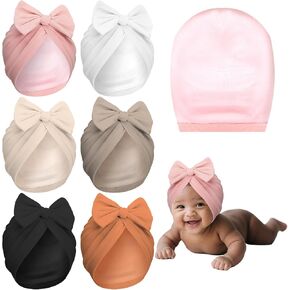 6 Pcs Newborn Satin Bonnet for Infant Toddler Silky Satin Lined Stretchy Baby Turban Hats with Bow for 0-6 Months in Kuwait