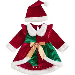 Baby Girl Christmas Velvet Romper Dress with Santa Hat 0-18M | My First Christmas Baby Girl Outfit, Newborn Holiday Photography Outfit, Patchwork Ruffle Furry Trim Long Sleeve Bodysuit in Kuwait