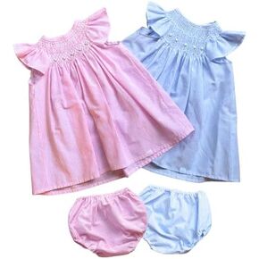 Set of 2 Baby Girl Dresses with Diaper Covers 12–18 Months - Blue & Pink | Handmade Heirloom Style Outfit, Premium Cotton Embroidered Dress for Easter, Baptism & Summer Special Occasions in Kuwait