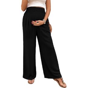 BLENCOT Women's Maternity Pants Smocked Palazzo Pregnancy Trousers | Elastic High Waisted,Side Pockets, Wide Leg Long Flowy Pants Pregnancy & Postpartum Outfits Summer Maternity Clothes in Kuwait