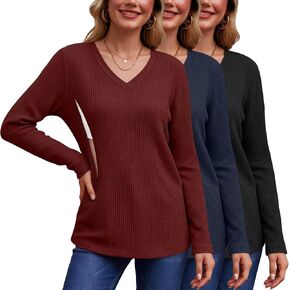 Huukeay 3 Pack Women's Waffle Knit Nursing Shirts V Neck Breastfeeding Tops Long Sleeve Hidden Zipper Maternity Sweatshirts in Kuwait