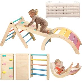 Yopnoyik Pikler Triangle Set with Cushion, 7 in 1 Toddler Climbing Toys Indoor, Montessori Foldable Climbing Set, Wooden Climbing Toys for Toddlers Inside with Ramp, Arch and Ladder (Nature Wood) in Kuwait