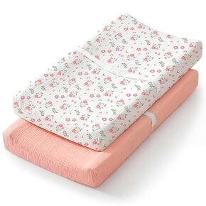 Changing Pad Cover Waterproof 2-Pack for Baby Girl, Soft Breathable Cotton Fitted Diaper Changing Table Covers, Fit Standard 32"x16" Contoured Pad, Pink Floral in Kuwait