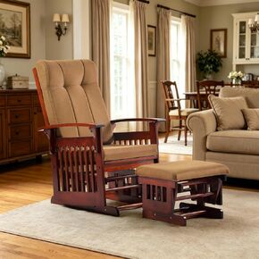 Solid Wood Glider Rocking Chair and Ottoman Set, Rustic Nursery Glider Rocker with Padded Cushion, Smooth Rocking Motion Indoor Living Room Nursing Napping Reading, Reddish Brown&Coffee in Kuwait