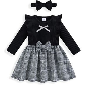 Vibebox Baby Girl Dress Fall Winter Long Sleeve Princess Clothes 3M-3T | Baby Girls Ruffle Sleeves Bows Birthday Dresses, Toddler Girl Casual Clothes Gifts Holiday Party Outfits with Handband in Kuwait