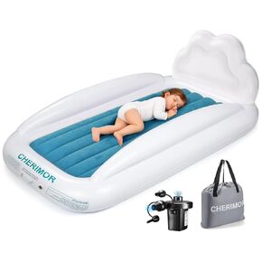 CHERIMOR Inflatable Toddler Air Mattress with Electric Pump & Safety Sides | Portable Kids Travel Bed, 2 Mins Inflation, Comfortable Sleep Space for Travel Camping and Grandma's Home Sleepovers in Saudi Arabia