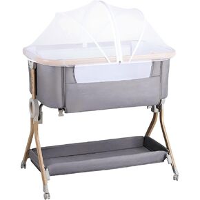 Larex Baby Bassinet Bedside Sleeper Crib Co Sleeper for Newborn Infant Toddler with Mosquito Net, Storage Bag & Basket, 5-Height Adjustable, Movable Wheels, Breathable Mattress & Mesh (Dark Gray) in Kuwait