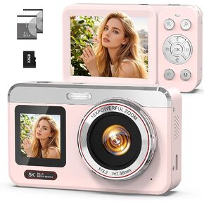 Digital Camera, 5K 80MP Dual Screen, Auto Focus for Beginners Teens | Point and Shoot Camera with 18X Zoom, 32GB Card & 2 Batteries, Great Travel Vlogging Camera for YouTube, Pink in Kuwait