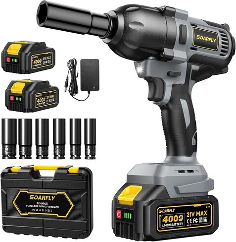 SOARFLY 1/2" Cordless Impact Wrench, 738 Ft-lbs (1000 N.m) High Torque 21V Brushless Electric Impact Gun with 2x 4.0Ah Batteries, Impact Driver with LED Light, 6 Sockets for Home Car/Mower/Truck RV in Kuwait