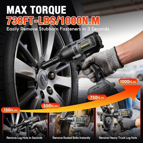 SOARFLY 1/2" Cordless Impact Wrench, 738 Ft-lbs (1000 N.m) High Torque 21V Brushless Electric Impact Gun with 2x 4.0Ah Batteries, Impact Driver with LED Light, 6 Sockets for Home Car/Mower/Truck RV in Kuwait