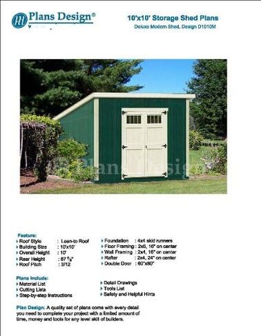 10' x 10' Deluxe Shed Plans, Modern Roof Style Design #D1010M, Material List and Step By Step Included in Kuwait
