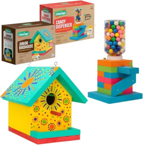 SparkJump Jr DIY Woodworking Kit Bundle – Complete Birdhouse & Candy Dispenser Projects for Kids, Fun Craft Kits with Tools, Paints, & Instructions for Boys & Girls in Kuwait