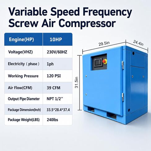 10HP 7.5KW Variable Speed Frequency Rotary Screw Air Compressor 39CFM@120PSI/230V/60Hz/1-Phase, Stationary Industrial Air Compressor in Kuwait