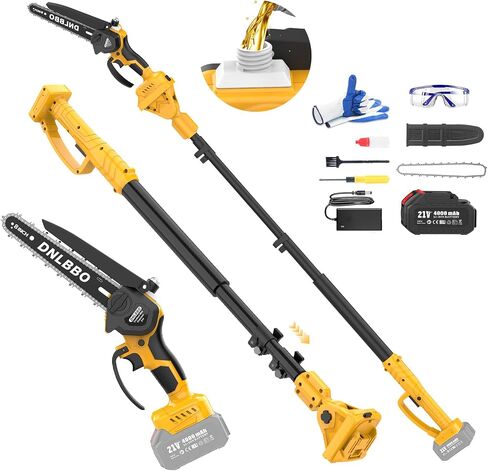 Pole Saws for Tree Trimming, 2-in-1 Pole Saw＆6 Inch Mini Chainsaw,with Extension,Max Reach 16 Ft,Electric Pole Saw Used for Wood Cutting and High-Branch Pruning,2× 21V 2.0Ah Battery in Kuwait