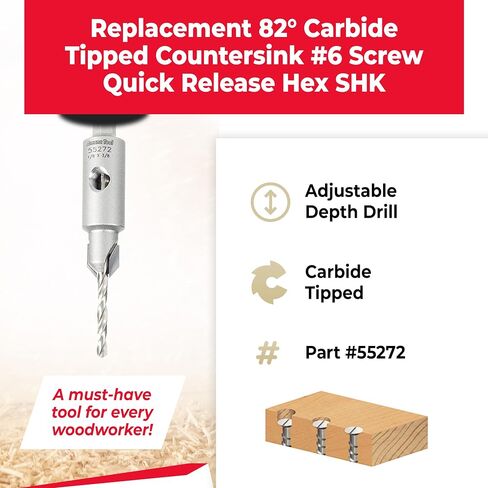 Amana Tool Carbide Tipped 82 Degree Countersink Drill Bit, 55272, 3/8 Dia x 1/8 Drill D x 1/4 Inch Quick Release Hex Shank for Tool 55227 in Kuwait