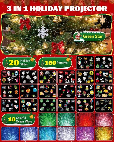 Christmas Projector Lights Outdoor, 3 in 1 Holiday Projector Light with Green Star, 20 HD Slides, 160 Pattern, 10 Ocean Wave, Christmas Light Projector Outdoor with Timer for Party Patio Decoration in Kuwait