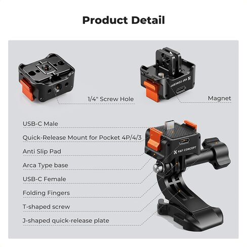 K&F CONCEPT Charging Adapter Base Compatible with DJI Osmo Pocket 4/3 | Fast Charging Aluminum Alloy Quick Release Stand Compatible with Arca Action 1/4′′ Screw, PP61 in Kuwait