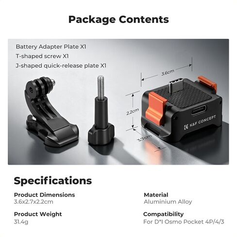K&F CONCEPT Charging Adapter Base Compatible with DJI Osmo Pocket 4/3 | Fast Charging Aluminum Alloy Quick Release Stand Compatible with Arca Action 1/4′′ Screw, PP61 in Kuwait