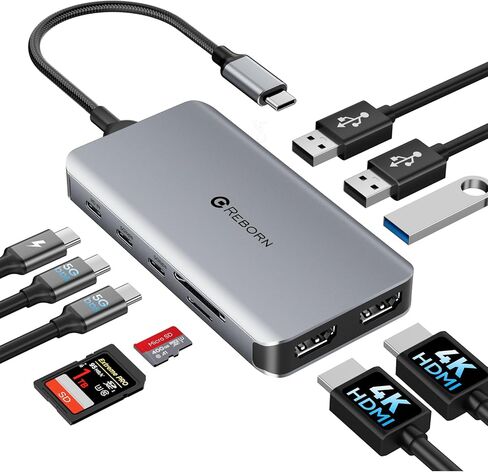REBORN 10-in-1 USB C Docking Station Dual HDMI 4K, MST Dual Monitor USBC Hub with 100W PD, 3X USB-A 3.0, 2X USB-C 5Gbps, SD/TF Card Reader Multiport Adapter for Laptop, Dell, HP, ThinkPad, MacBook in Kuwait