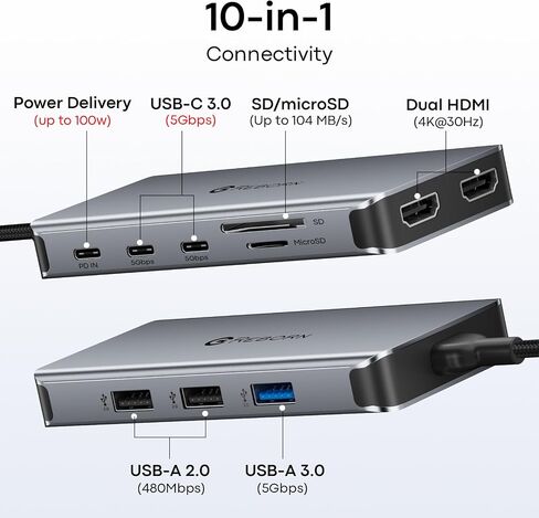 REBORN 10-in-1 USB C Docking Station Dual HDMI 4K, MST Dual Monitor USBC Hub with 100W PD, 3X USB-A 3.0, 2X USB-C 5Gbps, SD/TF Card Reader Multiport Adapter for Laptop, Dell, HP, ThinkPad, MacBook in Kuwait