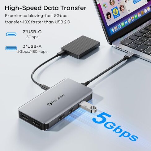 REBORN 10-in-1 USB C Docking Station Dual HDMI 4K, MST Dual Monitor USBC Hub with 100W PD, 3X USB-A 3.0, 2X USB-C 5Gbps, SD/TF Card Reader Multiport Adapter for Laptop, Dell, HP, ThinkPad, MacBook in Kuwait