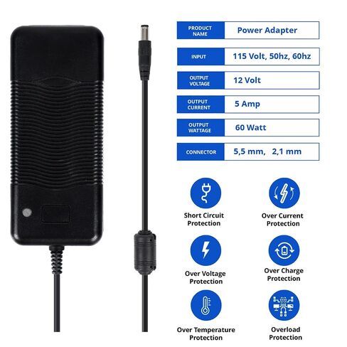 Universal 5 Amp 12V Power Supply Adapter - AC 100-240V to 12V - 5.5 x 2.1mm Output Jack for LED Strips, CCTV Cameras, Light Bars in Kuwait