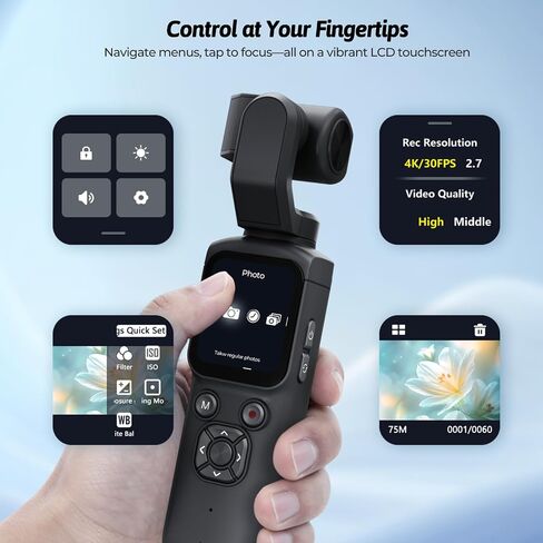 4K Vlogging Camera for YouTube, 75MP Pocket Digital Camera with 330° Rotating Gimbal Lens, Travel & Beginner Handheld Vlog Camera, WiFi Content Creator Kit with Tripod, 16GB Card in Kuwait