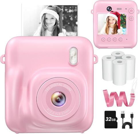Instant Camera, Dual-Lens Kids Camera Instant Print for Boys Girls Christmas Birthday Gifts, 1080P Digital Cameras for Kids Teens with Print Paper, 32GB Card, Toddle Toy for Age 4-12 Years(Pink) in Kuwait