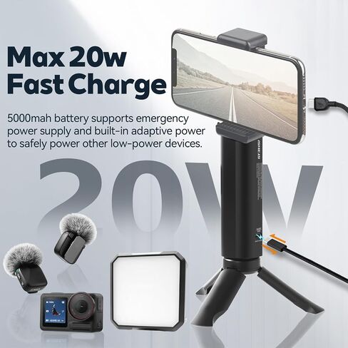 PA01 Battery Hand Grip for Smartphone/Mirrorless/Action Camera | 5000mAh Battery, Foldable 1/4" Tripod Mount, 20W Smart Fast Charging, Type-C with Flashlight & SOS Modes, Metal Housing in Kuwait