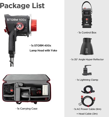Aputure Storm 400x 400W Bi-Color LED Video Light, Point-Source Fixture with Blair Chipset, 2500K-10000K CCT, ±G Tint Control, CRMX & DMX, IP65, ProLock Bowens Mount, 35° Reflector Included (V-Mount) in Kuwait
