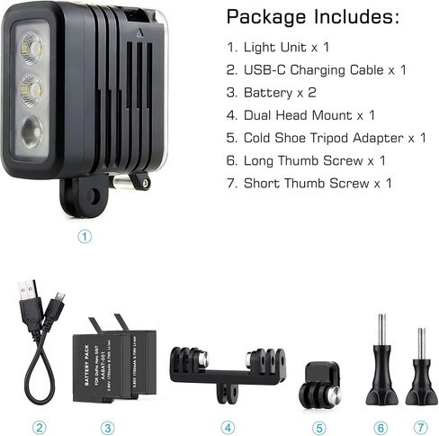 GEPULY Underwater Light Dive Light for GoPro DJI Insta360 Action Cameras | 164FT/50M Deep Diving,Aluminum Body,Emergency SOS Rechargeable Fill Light,Dual Battery LED Video Lightweight Night Light in Kuwait