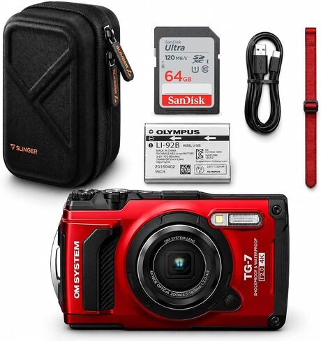OM System Tough TG-7 Waterproof Camera Bundle with 64GB Card (Black) | Includes 64GB U3 SD card, Slinger hardshell case, battery, USB-C cable and wrist strap for adventure-ready shooting in Kuwait
