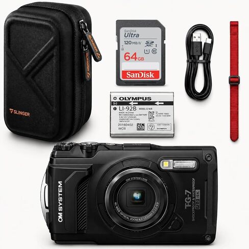OM System Tough TG-7 Waterproof Camera Bundle with 64GB Card (Black) | Includes 64GB U3 SD card, Slinger hardshell case, battery, USB-C cable and wrist strap for adventure-ready shooting in Kuwait