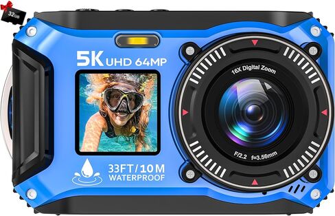 5K Underwater Camera 64MP 33FT Waterproof, 32GB Card Dual-Screen Dustproof | Suitable for Snorkeling, Vacation, UHD Autofocus Point-and-Shoot, Compact , Floatable, 1500mAh Battery, Type-C, Blue in Kuwait