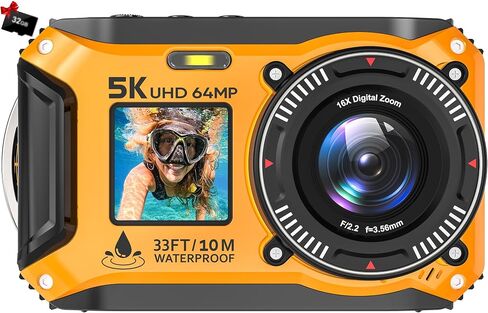 5K Underwater Camera 64MP 33FT Waterproof, 32GB Card Dual-Screen Dustproof | Suitable for Snorkeling, Vacation, UHD Autofocus Point-and-Shoot, Compact , Floatable, 1500mAh Battery, Type-C, Blue in Saudi Arabia