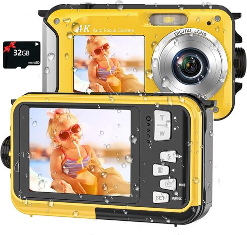 4K Underwater Camera 16FT Waterproof 64MP Dual-Screen with 32GB Card | Autofocus, Floatable, Compact, 1250mAh Battery, Type-C, Ideal for Selfies, Snorkeling, Swimming, Travel, and Family Vacations in Kuwait