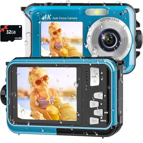 4K Underwater Camera 16FT Waterproof 64MP Dual-Screen with 32GB Card | Autofocus, Floatable, Compact, 1250mAh Battery, Type-C, Ideal for Selfies, Snorkeling, Swimming, Travel, and Family Vacations in Saudi Arabia