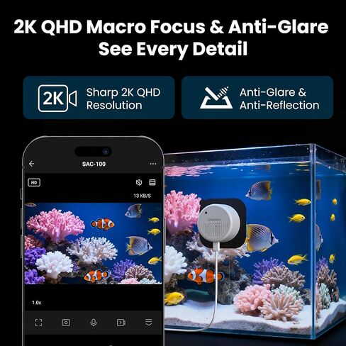 litokam F1.0 Aperture Fish Tank & Reptile Pet Camera.2K 3MP Anti-Glare Aquarium Terrarium Camera with Close-Focus Lens, 147° Ultra-Wide Angle, 3X Zoom, 2.4G/5GHz WiFi in Kuwait