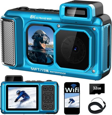8K Underwater Camera WiFi 90MP 50FT Waterproof 32GB Card Dual-Screen Touch | Suitable for Snorkeling and Diving, Rugged Shockproof Dustproof, AF Selfie, 18X Zoom, Floatable, 1800mAh Battery, Type-C in Kuwait